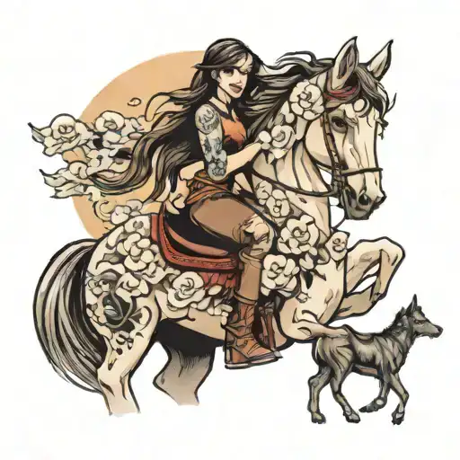 Girl On A Hourse With Dog Beside Her