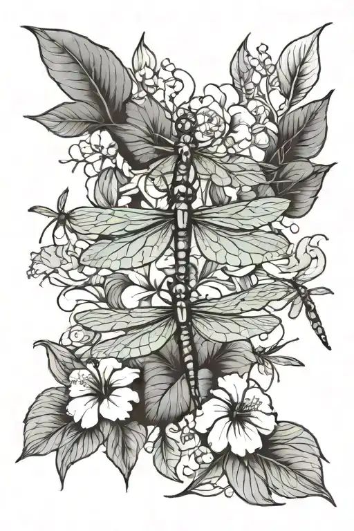 Dragon Flies And Hibiscus Flower Surrounded