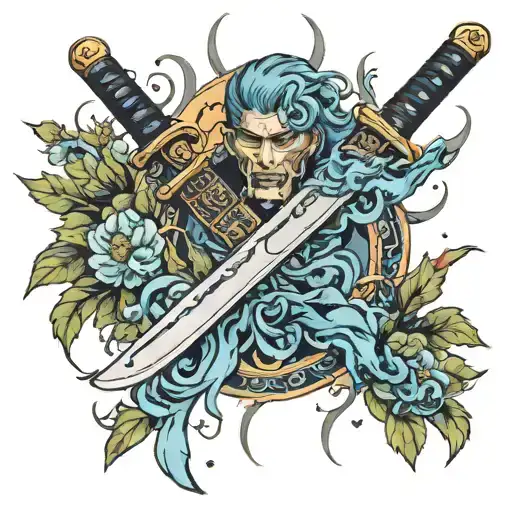 A Katana Surrounded With Blue Flames And Plants