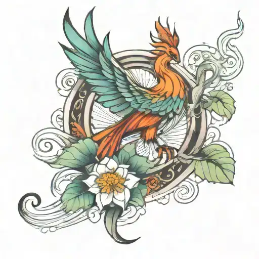 Phoenix With Lotus Flower And Strength Symbol Intertwined
