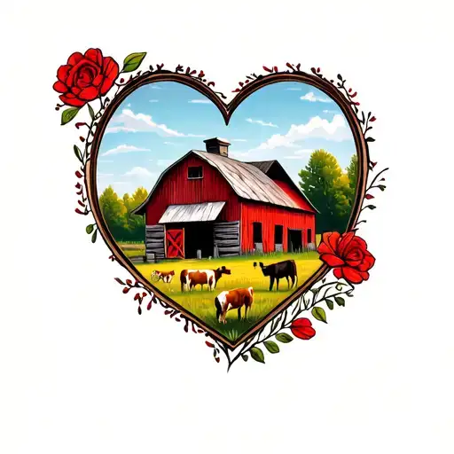 Red Midwestern Barn And Pasture Inside Heart Shaped Picture Frame