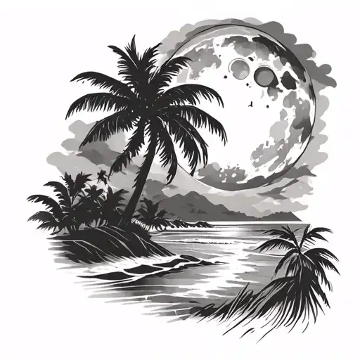 Night Beach Scene With Palm Trees And A Full Moon