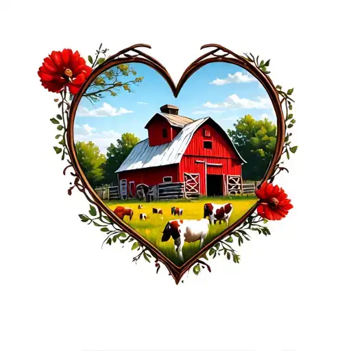 Red Midwestern Barn And Pasture Inside Heart Shaped Picture Frame