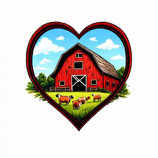 Red Midwestern Barn And Pasture Inside Heart Shaped Picture Frame
