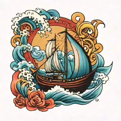 Boat And Waves And Family Of Three