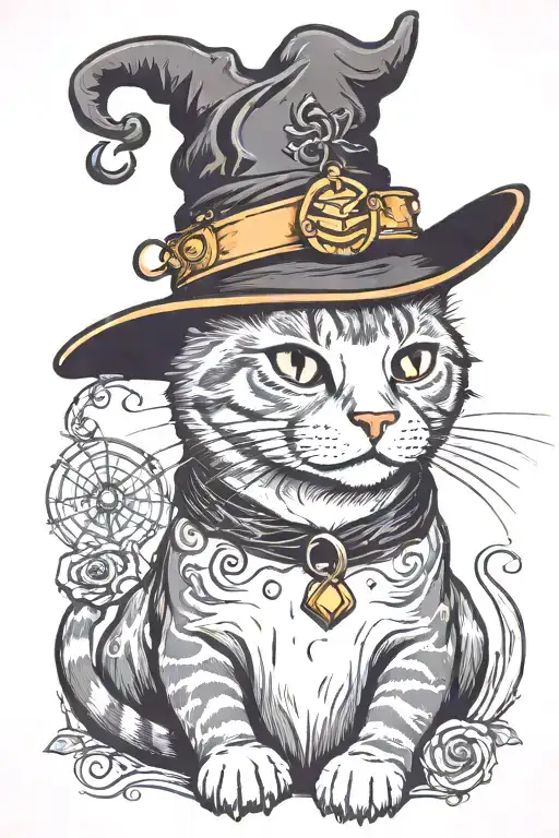 Halloween Themed Cat Wearing Witch Hat Surrounded