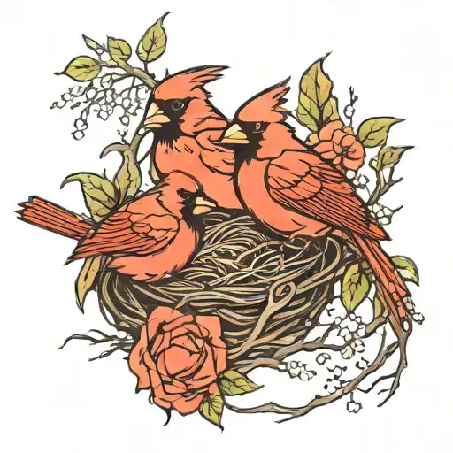 Male & Female Cardinals In A Nest With Branches & Flowers