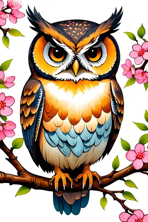 Owl Perched On A Blooming Cherry Blossom Trees Colors Sunset Over Lake