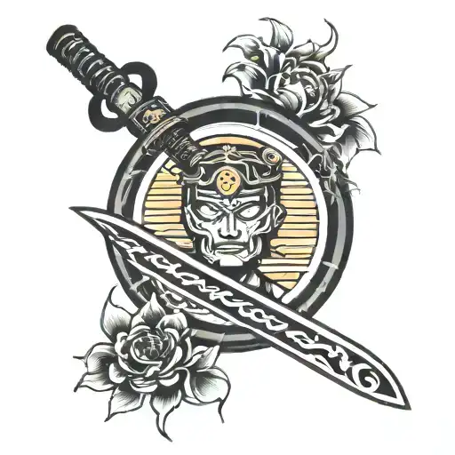 In The Background A Katana Along The Spine With A Rising Sun And In The Foreground Above A Head Of T