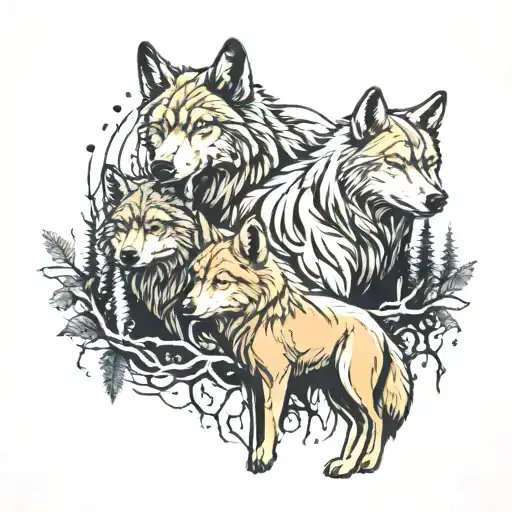 Two Wolves With Two Pup In Forest