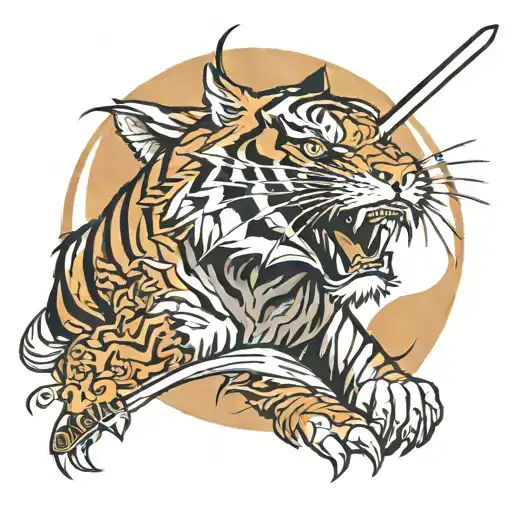 In The Background A Katana On The Back With A Rising Sun And In The Foreground Above A Tiger's Head