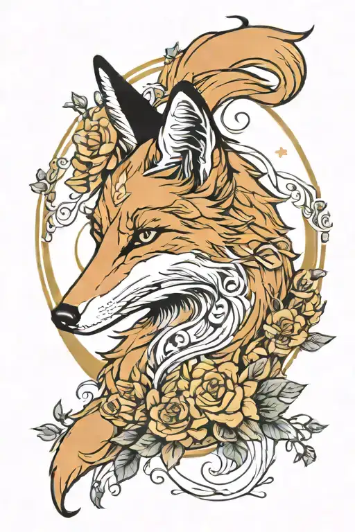 Spirit Fox Looking At A First Phase Moon With Flowers And Gold