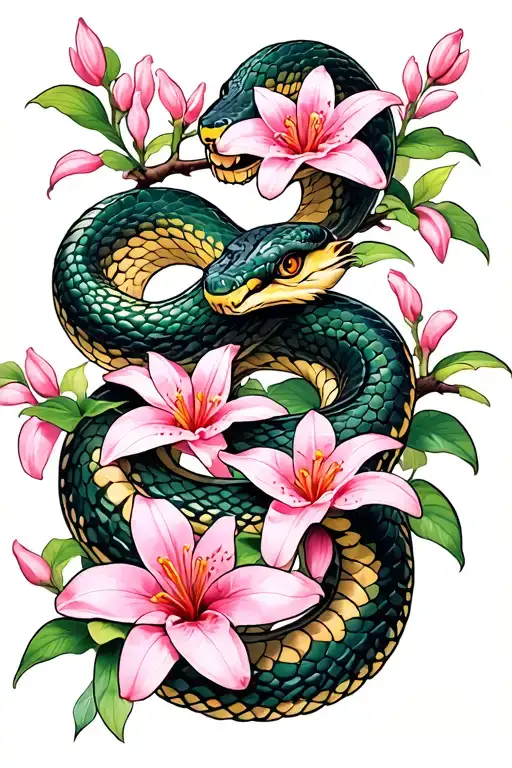 A Snake Wrapped Arond A Branch With Pink Cherry Blossoms Lopped Around Lillies