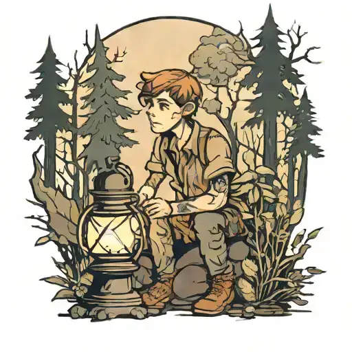 Lost Boy In A Forest Holding A Lamp