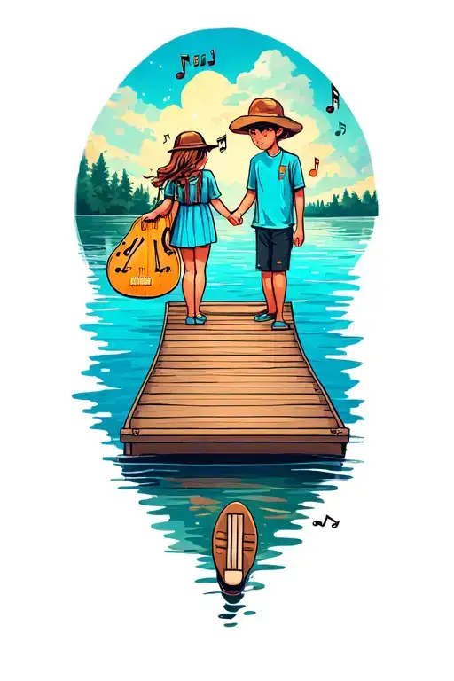 Boat Dock With Boy And Girl With Music Notes