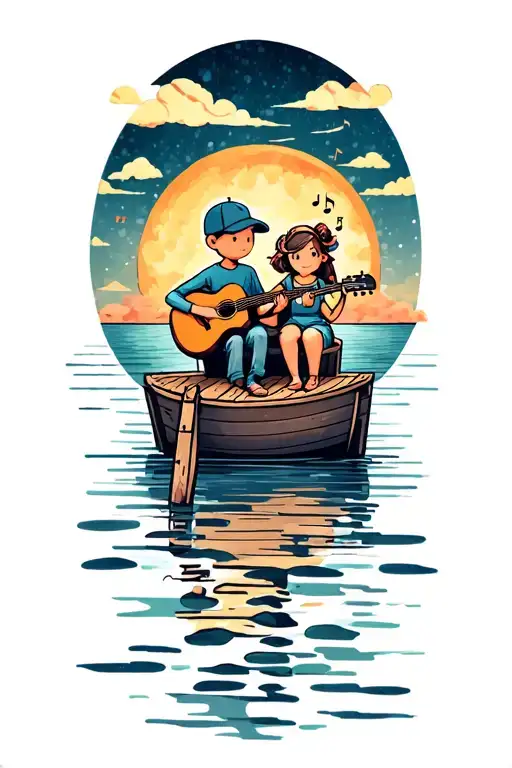 Boy And Girl Sitting On A Boat Dock Boy Playing Guitar With Music Notes Boy With Baseball Hat