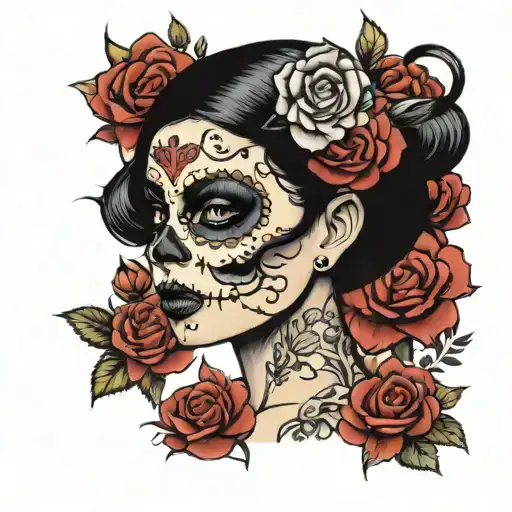 Woman Sugar Skull Short Black Hair Flowers
