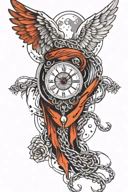 Angel Wings With Broken Chain At The Bottom And The Phases Of The Moon In The Middle