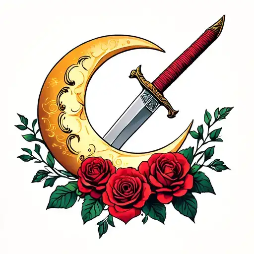 Crescent Moon With Dagger And Roses Intertwined