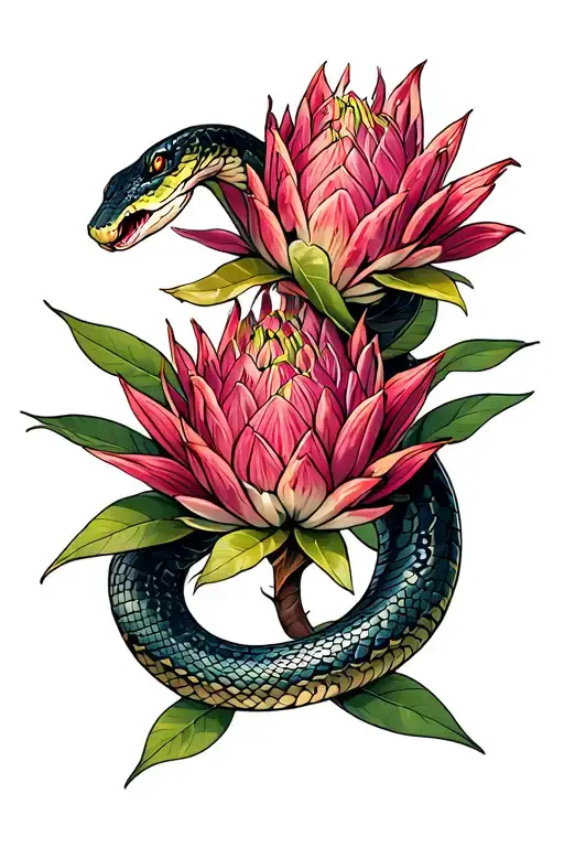 Snake Wrapped Loosely Around Protea Flower