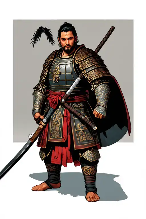 A Roman Wearing A Samurai Armor Holding A Katana