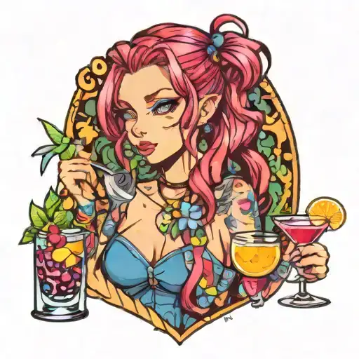 Sexy Anime Girl Bartender Mixing Psychedelic Cocktails