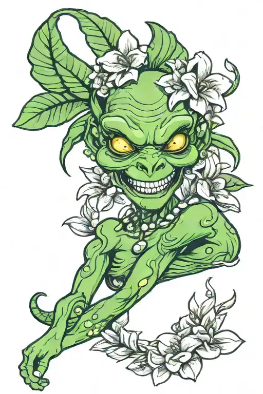 2D Animated One Green Alien Smiling Wearing Gardenia And Frangipani Flower Headband