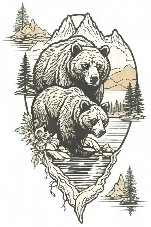 Mama Bear And Cub With Lake And Mountains In The Background