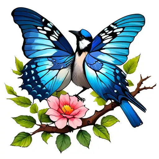 Butterfly And Blue Jay On A Tree Branch