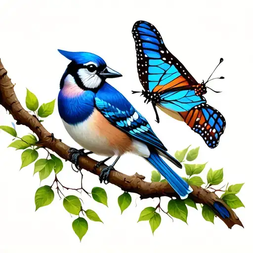 Butterfly And Blue Jay Both On A Tree Branch
