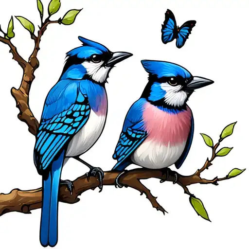Butterfly And Blue Jay Both Sitting On A Tree Branch