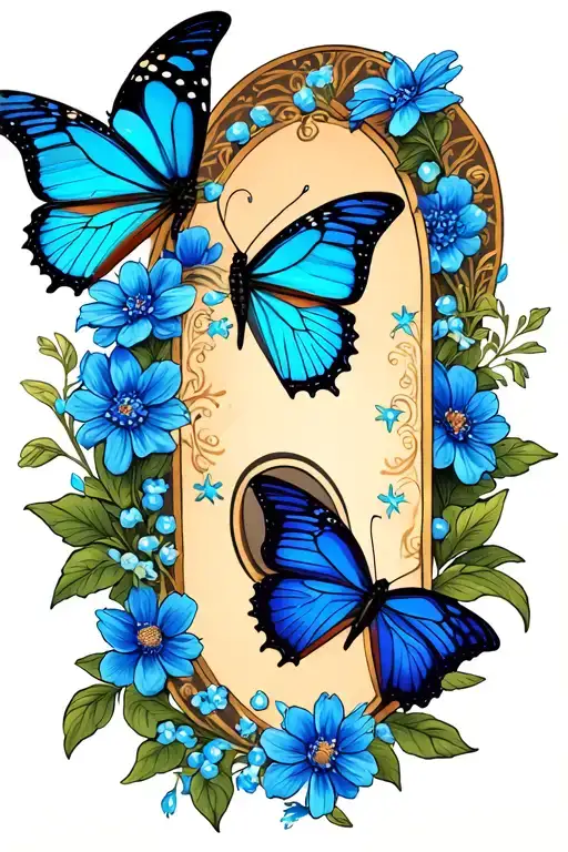 Semicolon Tattoo With Flowers And Blue Butterflies