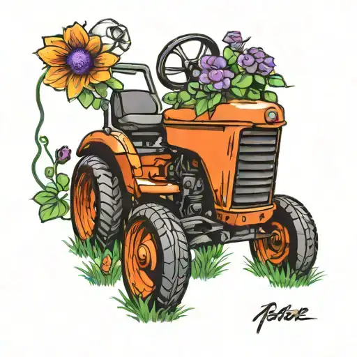 Lawn Tractor And Flowers Growing