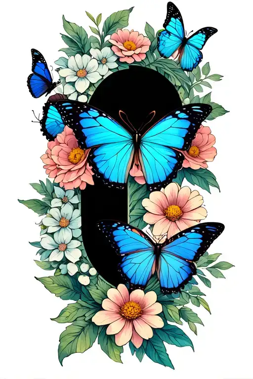 Semicolon Tattoo With Flowers And Blue Butterflies