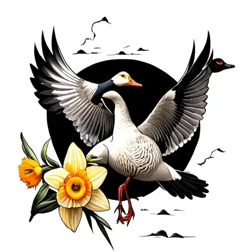 Broken Vase Daffodil With Goose Flying Over A Field