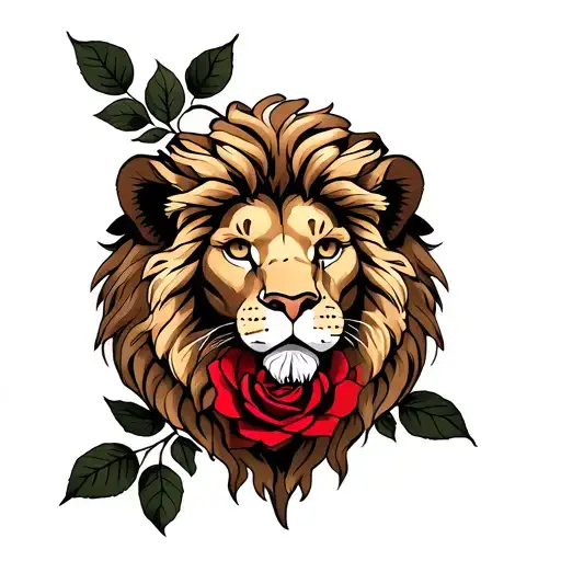 Lion Head With Red Rose Intertwined