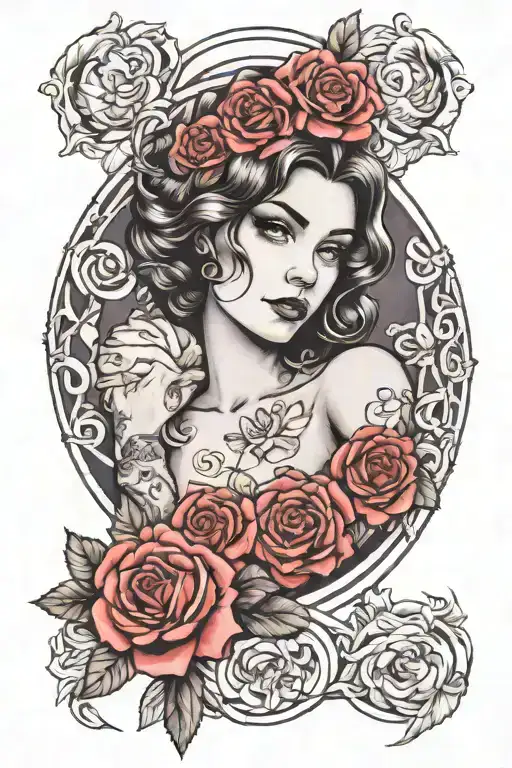 A Detailed Black And Grey Portrait Of A Loved One Surrounded By A Halo Of Roses
