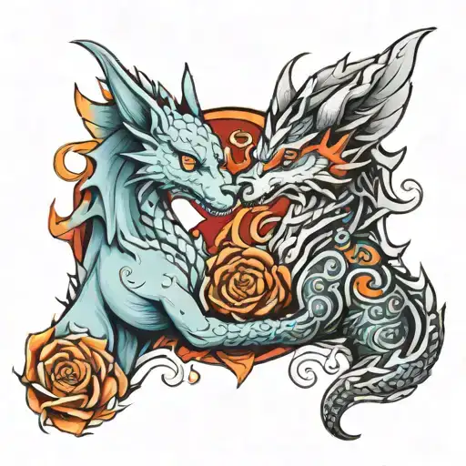 Ice Dragon And Fire Wolf In Love You To The Moon