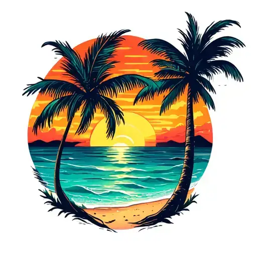 Palm Tree And Sunset On Beach