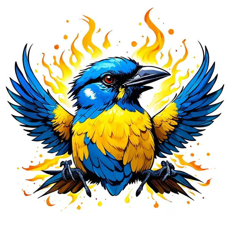 Blue And Yellow Bird Rising From Ashes Rising