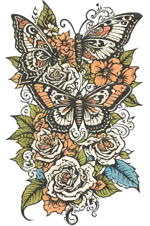 Tribal Tattoo And Flowers And Butterlies