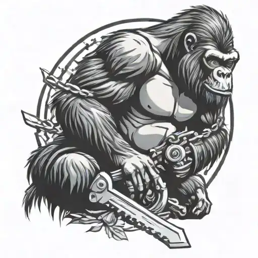 Gorilla Holding A Chain Saw Blade Cutting