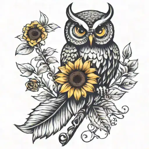 Owl Perched With Sunflower And Personalized Name
