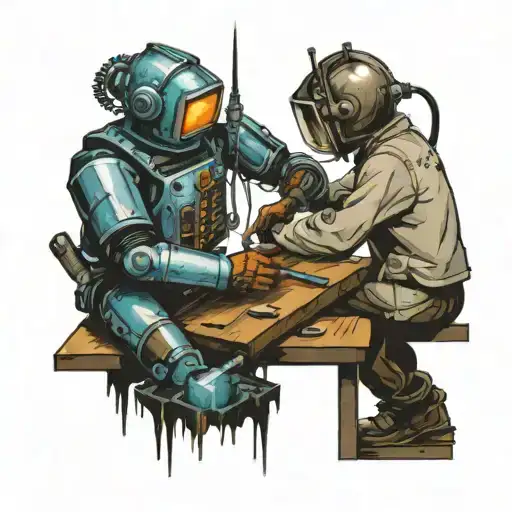 Welder And Robot Weld In Vertical Crack