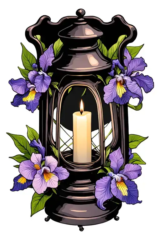 Gothic Lantern With Candle Inside And Iris Flower And Dogwood Flowers