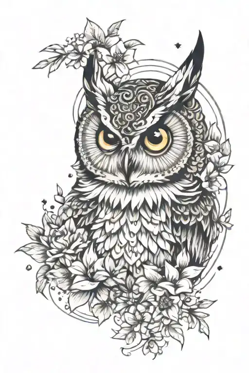 Owl Face With No Geometric Surrounded By Lots Of Cosmo Flowers And Gladiolus Flowers