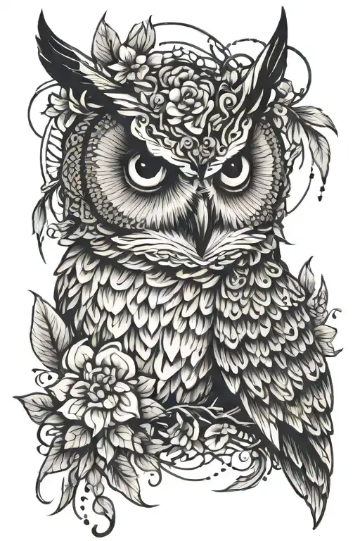 Nice Owl Face With No Geometric Surrounded By Lots Of Cosmo Flowers And Gladiolus Flowers