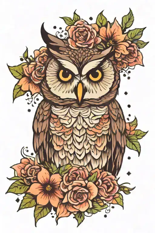 Sad Owl Face With No Geometric Surrounded By Lots Of Cosmo Flowers And Gladiolus Flowers