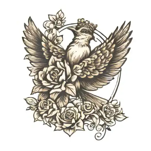 A Tattoo Of A Bird Taking A Flight And Wearing A Flower Tiara