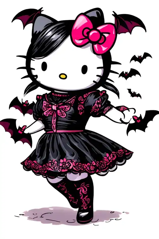 Hello Kitty Wenesday Addams Dancing With Bats Flying